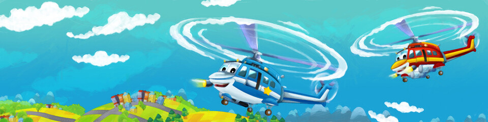 Obraz na płótnie Canvas cartoon happy scene with helicopter flying in city artistic painting scene