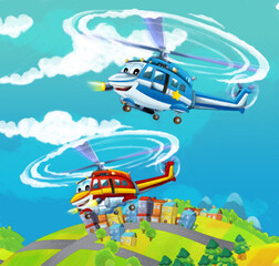 cartoon happy scene with helicopter flying in city artistic painting scene