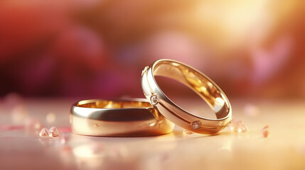 Wedding Rings of love and romance dreamy pastel backgrounds, red hearts Valentine's days, greetings cards congratulations - Generative AI