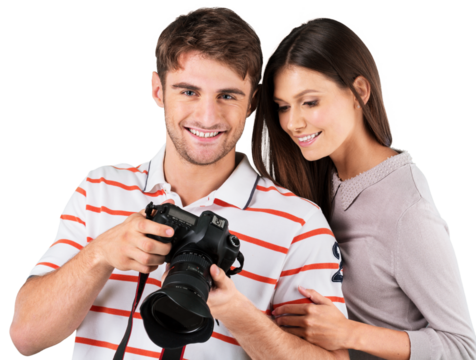 Happy smiling couple with photo camera - Powered by Adobe