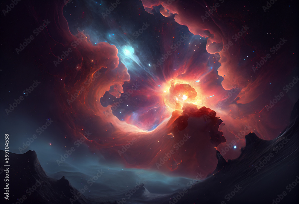 Poster a vast, dark expanse punctuated by bright stars and swirling nebulas. generative ai technology.