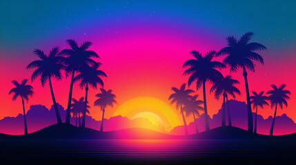 Fototapeta na wymiar Palm trees silhouetted against a colorful tropical sunset