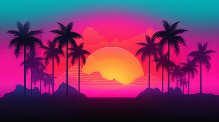 Palm trees silhouetted against a colorful tropical sunset