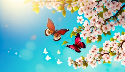 Fototapeta na wymiar A Dreamy and Romantic Spring Banner Featuring Blossoming Cherry Branches Against a Blue Sky, generative Ai