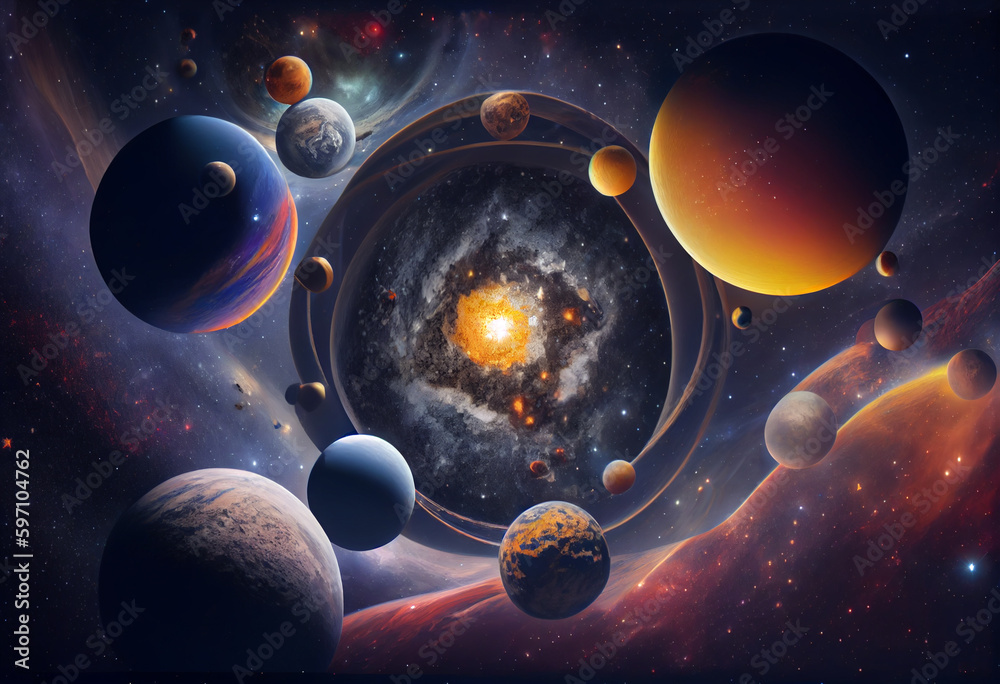 Poster a cosmic tapestry of interwoven stars and planets. generative ai technology.