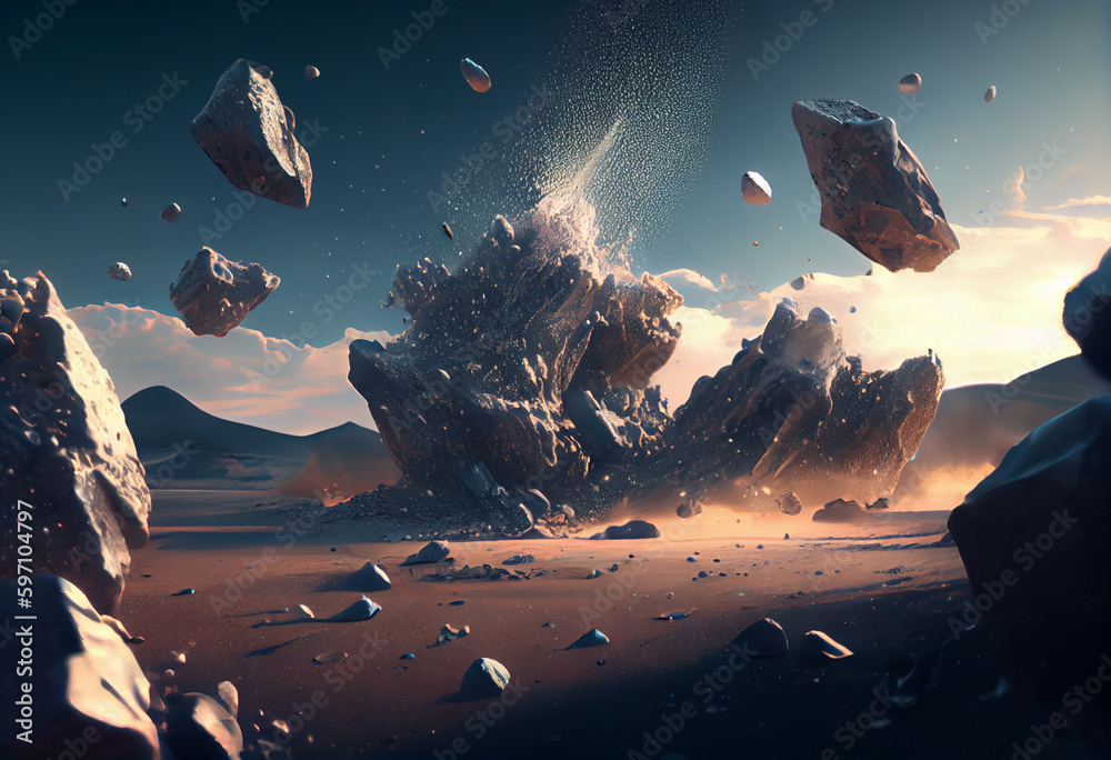 Poster A surreal landscape of floating asteroids and shimmering dust clouds. Generative AI technology.