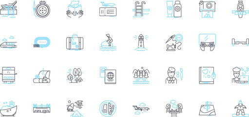 Summer trip linear icons set. Beach, Adventure, Relaxation, Exploration, Camping, Hiking, Roadtrip line vector and concept signs. Watersports,BBQ,Lakeside outline illustrations Generative AI