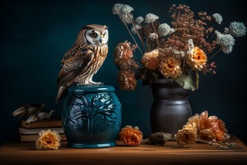 An owl perched on a stump beside a vase of flowers & nuts, with a blue vase of dried flowers against a blue backdrop. Generative AI