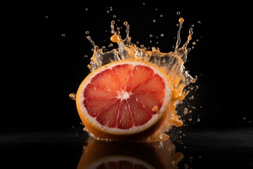 Fototapeta na wymiar Slow-mo orange/grapefruit juice explosion w/ splash of liquid isolated on black, bright 4k design element. Generative AI