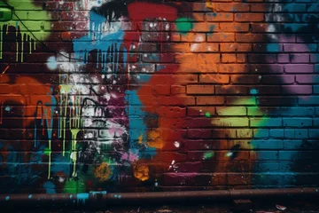 Fototapete Graffiti Colorful patterns & textures of sprayed paint on grungy brick wall, urban graffiti art. Generative AI
