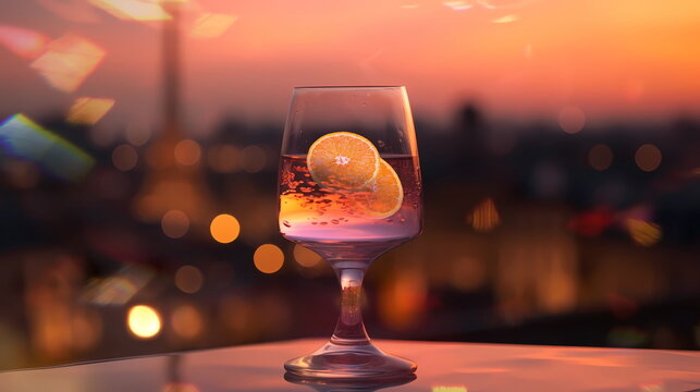  glass of orange sparkling  water with orange slice on table top in cafe view on evening city blurred light