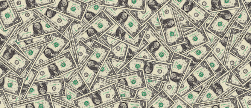 American financial illustration. Wide seamless pattern. Randomly scattered one dollar banknotes. US Federal Reserve Notes.