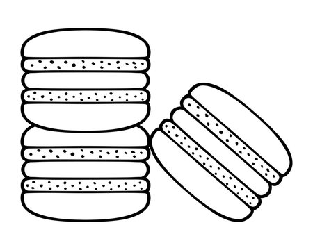 Three macarons cookies. Sketch. Dessert of two layers with cream in the middle. Vector illustration. A French connection made from egg whites. Doodle style. Outline on isolated background. 