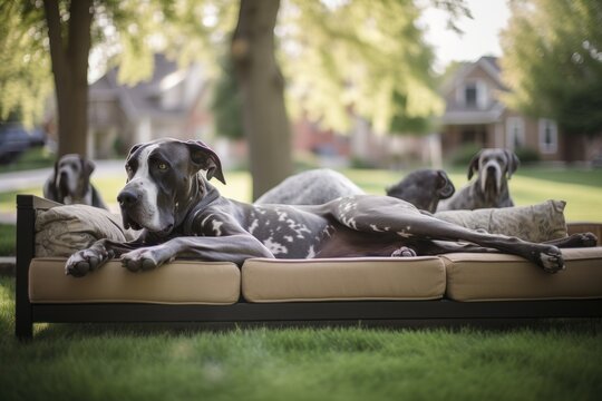Group portrait photography of a happy great dane sleeping on a couch against local parks and playgrounds background. With generative AI technology