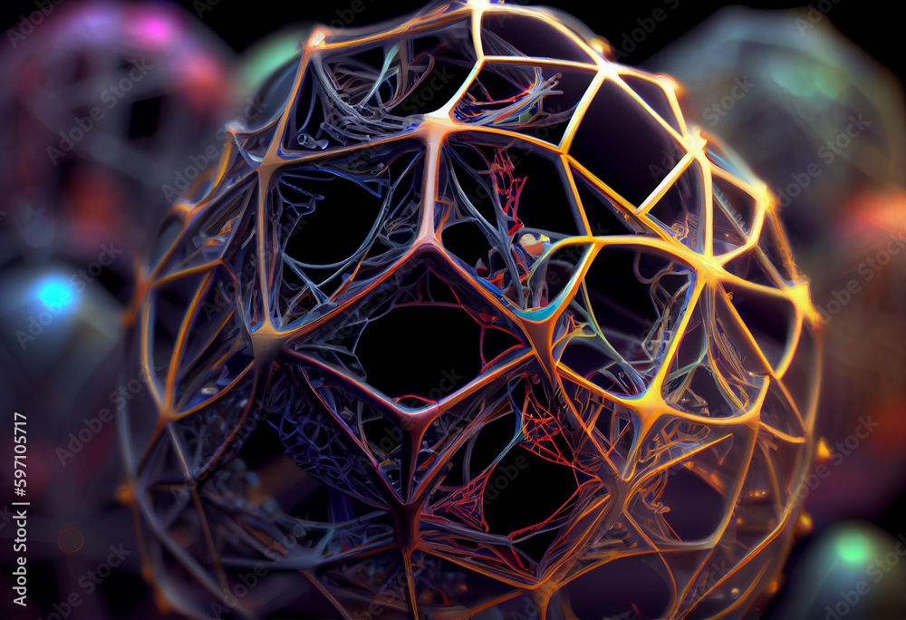 Poster A complex, interwoven pattern of shapes that resemble the data visualizations used in digital analytics. Generative AI technology.