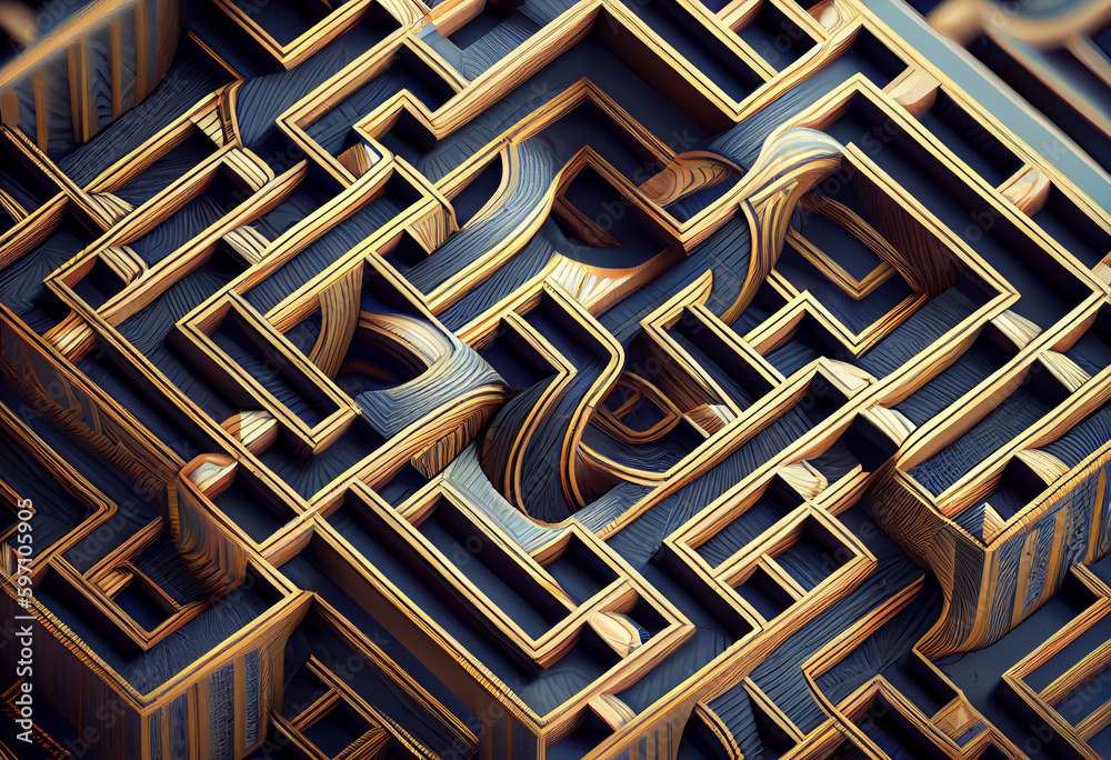 Poster A maze of interlocking shapes that suggests a digital labyrinth. Generative AI technology.