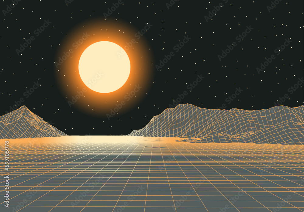Aufkleber retro futuristic landscape with mountains and sun in deep space. 80s styled synthwve landscape with 