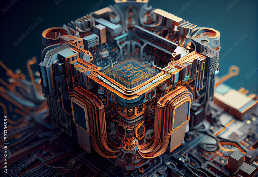 Leinwandbilder A complex, multi-layered pattern of interlocking shapes that resembles a digital circuit board. Generative AI technology.