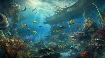 Fototapeta na wymiar A beautiful illustration under the sea with colorful fish, aquatic plants and corals