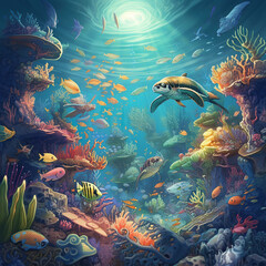 Fototapeta na wymiar A beautiful illustration under the sea with colorful fish, aquatic plants and corals