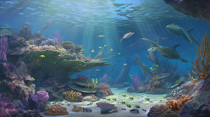A beautiful illustration under the sea with colorful fish, aquatic plants and corals