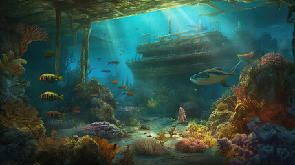 A beautiful illustration under the sea with colorful fish, aquatic plants and corals