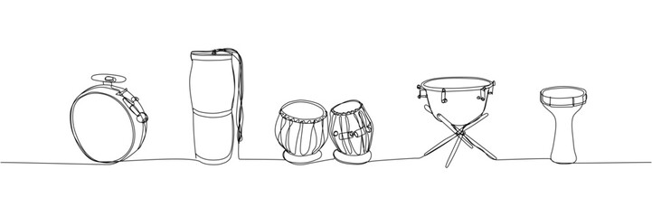 Drums set one line art. Continuous line drawing of play, drum, timpani, tulumbas, buhai, darbuka, bongos, big drum, buhalo and cymbal, music, song, band, percussion bass musician