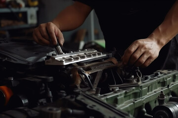 Fototapeta na wymiar Professional mechanic working on the engine of the car in the garage. Car repair service. Ai generative