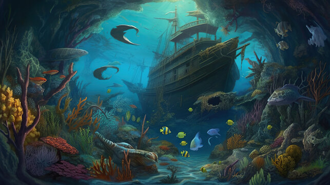 A beautiful illustration under the sea with colorful fish, aquatic plants and corals