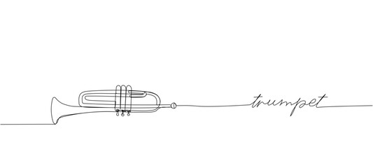 Trumpet one line art. Continuous line drawing of musical, classical, trumpet, classic, audio, music, instrument, jazz, horn, orchestra with an inscription, lettering, handwritten. © sahs94