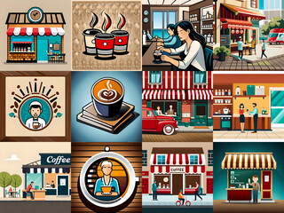 Coffee culture drawings and icons. AI generated