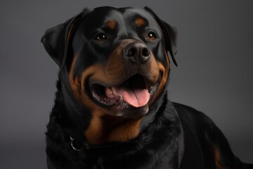 Environmental portrait photography of a happy rottweiler sitting against a white background. With generative AI technology