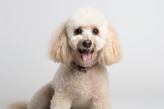 Medium shot portrait photography of a happy poodle sitting against a white background. With generative AI technology