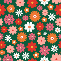 Fototapeta na wymiar 70s retro floral seamless pattern. Digital paper, background. Retro romantic flowers, meadow, summer time. Nostalgia concept