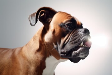 Lifestyle portrait photography of an aggressive boxer dog playing with a laser pointer against a white background. With generative AI technology