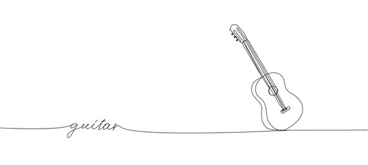 Guitar one line art. Continuous line drawing of musical, equipment, song, guitar, electric, melody, rock, volume, chord, bass, acoustic with an inscription, lettering, handwritten.