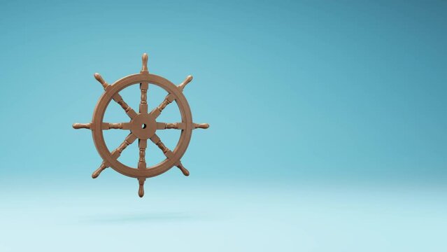 Wooden Rudder Wheel Spinning on a Studio Blue Background, Seamless Loop 3D Animation with Copy Space