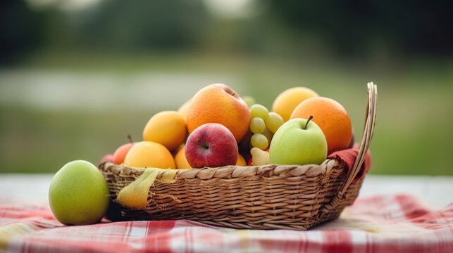 A basket of assorted fruit on a picnic cloth, generative ai