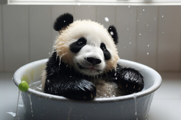 a cute panda taking a bath in a tub