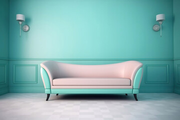 A Light Cyan Colored Living Room with a Sofa, Wall and Wall Lamps, Generative AI