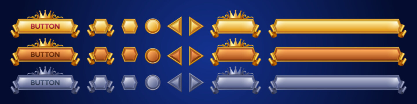 Royal game buttons animation set. Vector cartoon illustration of golden, silver gui frames decorated with crown and ribbons. Play, start, login, settings long and short bars, click action sprite sheet