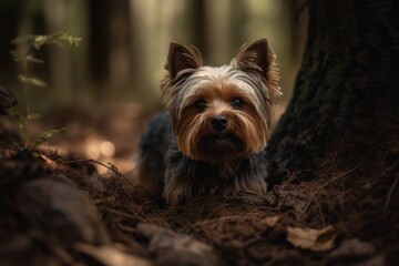 Medium shot portrait photography of an aggressive yorkshire terrier digging against a forest background. With generative AI technology