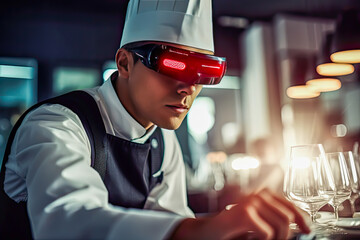 future trend on the restaurant industry, a chef with VR glasses, generative ai