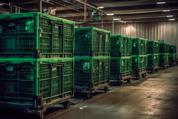 Warehouse with pallets and green storage boxes, generative ai