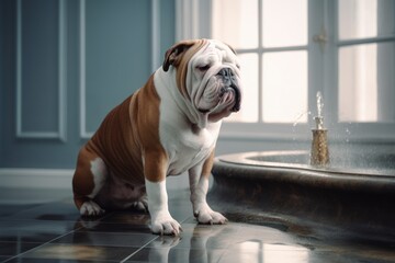 Full-length portrait photography of a happy bulldog drinking from a water fountain against a minimalist or empty room background. With generative AI technology