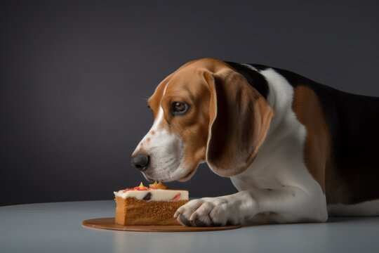 Full-length portrait photography of an aggressive beagle eating a birthday cake against a minimalist or empty room background. With generative AI technology