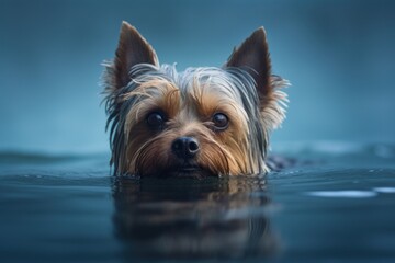 Full-length portrait photography of a curious yorkshire terrier swimming in a lake against a minimalist or empty room background. With generative AI technology