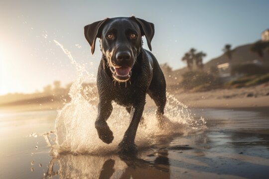 Environmental portrait photography of a curious labrador retriever running through a sprinkler against a beach background. With generative AI technology