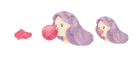 A girl blowing a pink bubble gum illustration. - 597108388