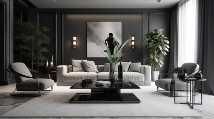 Sleek and minimalist living room with bold luxurious style accents. Generative AI